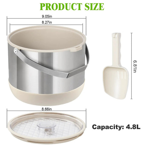 Keep It Frosty 4.8 Liter Insulated Ice Bucket With Snug Fit Lid And Drop Handle Scoop dimensions 9.05in x 8.27in, scoop included.
