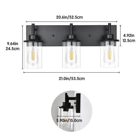 Two Light Black Industrial Vanity Light Sconces With Clear Glass Shades for Bathroom Bedroom Living Room Vintage Farmhouse Wall Lighting