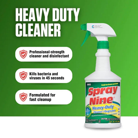 Bottle of Spray Nine heavy-duty cleaner, degreaser, disinfectant 32 oz, labeled for professional strength and fast cleanup.
