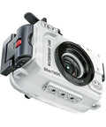 Underwater Housing For Olympus TG-7 With Red Filter, 60m Waterproof Case, front angle showing easy button access.