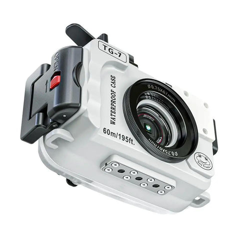 Underwater Housing For Olympus TG-7 With Red Filter, 60m Waterproof Case, front angle showing easy button access.