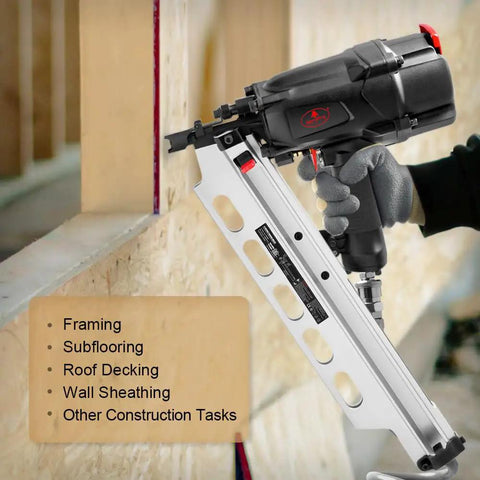 Worker using Framing Nailer Heavy Duty Pneumatic 21 Degree RHF9021 With Toolless Depth Adjust No Mar Tip on wood panel.