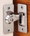 90 Degree Right Angle Gate Latches For Barn Doors Windows Garden Gates Cabinets And Sliding Doors Durable Stainless Steel With Welded Seal And Thickened Reinforced Base Corrosion Resistant Finish For Long Lasting Security, installed on wood surface