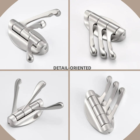 Detail views of Foldable Three-Arm Swivel Wall Hook in Brushed Nickel Finish, shown folded flat and extended, space-saving organizer.