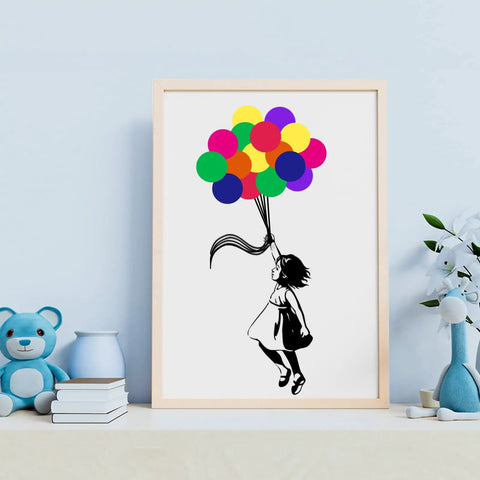 Framed artwork of a girl holding colorful balloons, displayed on a shelf with toys and plants.