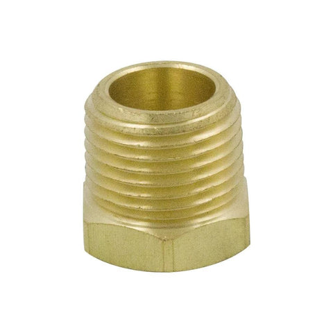 Brass hex pipe bushing, 1/2 in NPT male to 3/8 in NPT female adapter
