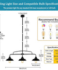 Dope Industrial Farmhouse Black Pendant Light Fixture With Three Lights, dimensions and compatible bulbs diagram