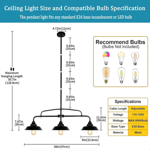 Dope Industrial Farmhouse Black Pendant Light Fixture With Three Lights, dimensions and compatible bulbs diagram