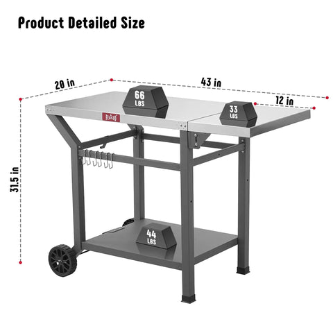 Movable Grill Table With Folding Side Table And Pizza Oven Prep Cart For Outdoor And Indoor Use, Stainless Steel 43 Inch Tabletop with undershelf