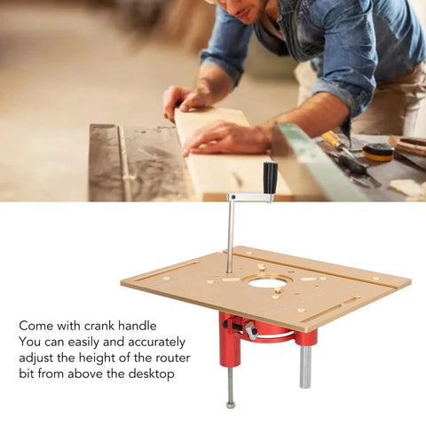 Heavy Duty Router Lifter System Kit With Crank Handle For Small Router Tables, featuring precision adjustment plate and handle.