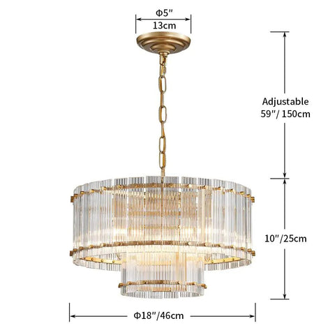 Drum Glass Chandelier For Dining Room With 7 Light Gold Pendant Lighting Fixture Jaw Dropping Double Layer Design Ripple Glass Shades D18 X H10 Adjustable 59 Inch Chains Gold Finish Metal Frame