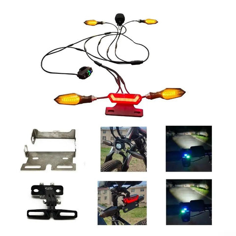 36V 48V 52V E Bike And Tricycle Light Kit Featuring Front Headlight, Rear Brake Light, Flowing Turn Signals, Waterproof Construction Fit For BAFANG And Other Electric Bikes. eBike light kit with wiring, mount brackets, headlight, brake light, and turn signals