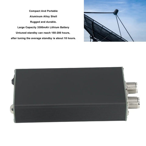 Portable RF Tuner and Standing Wavemeter 1.8MHz to 30MHz With 3300mAh Battery, shown with connectors and aluminum shell