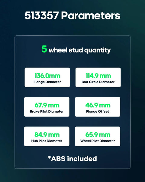 Image detailing 513357 parameters for Front Wheel Bearing And Hub Assembly With ABS For Nissan, showing dimensions and ABS inclusion.
