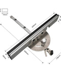 Precision Table Saw Miter Gauge With Repeat Cut Flip Stop Reliable Metal Fence, detailed dimensions showing size and design.