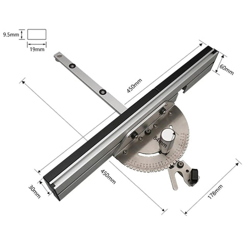 Precision Table Saw Miter Gauge With Repeat Cut Flip Stop Reliable Metal Fence, detailed dimensions showing size and design.