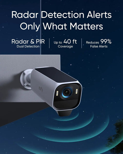 Top Tier Solar Outdoor Security Camera With 4K MaxColor Night Vision mounted with radar detection at night