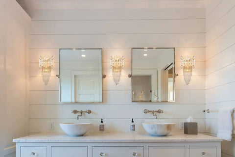 Brass Wall Sconce With Crystal Strings And Glass Bars Dimmable Two Layer Light Head Adjustable Beam Lit Glam Lighting For Bedroom Or Bathroom Easy Style Upgrade installed in bathroom
