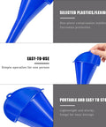 Long Neck Oil Funnel For Cars Spill Free Multi Function Plastic Fuel Funnel, blue, close-up of funnel and hand holding it