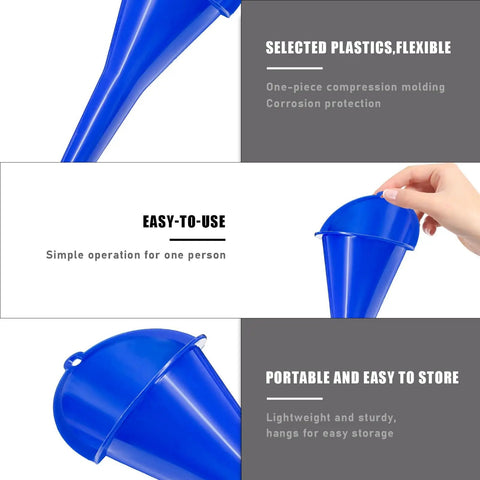 Long Neck Oil Funnel For Cars Spill Free Multi Function Plastic Fuel Funnel, blue, close-up of funnel and hand holding it