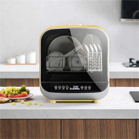 Portable Countertop Dishwasher Featuring No Fuss Quick Wash Cycles And Smart Energy Savers, yellow shell, sleek design on kitchen counter.