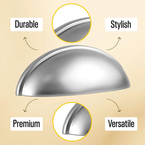 Cup Drawer Pulls 3 Inch Silver Cabinet Hardware 10 Pack For Cabinets And Drawers, premium metal, durable silver finish, close-up view.