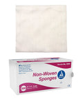 Dynarex non-woven sponge and box of 200 sponges, 4x4 inches, 4-ply, white, front view