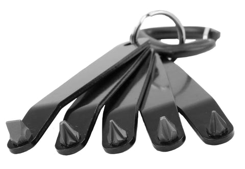 5 Piece Low Profile Offset Screwdriver Set With Tough S2 Steel Bits And 3/8 Inch Clearance, showing black tools on a keyring.