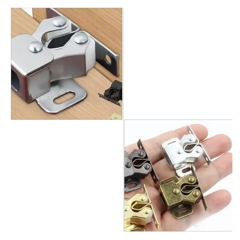 Stylish Double Roller Cabinet Latches With Spring Action For Cupboards Drawers Doors, showing metallic and color options in hand.