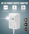 3V 1A power supply adapter with short circuit, overcharge, and overcurrent protection features, white color
