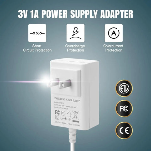3V 1A power supply adapter with short circuit, overcharge, and overcurrent protection features, white color