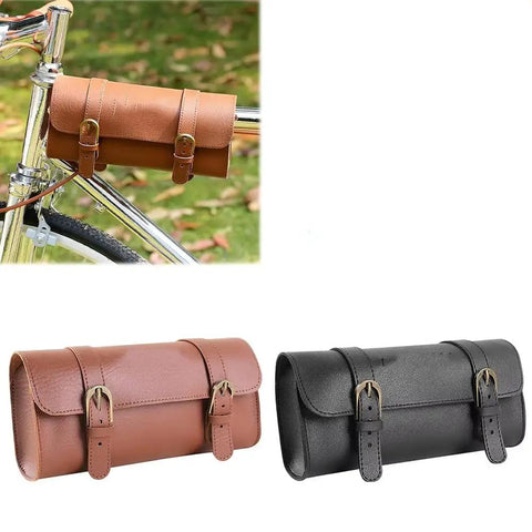 Slick Retro Faux Leather Handlebar Bag For Happy E Bike Off Road MTB With Secure Metal Buckles Weatherproof Pouch For Gravel Riders, 22x11x6cm