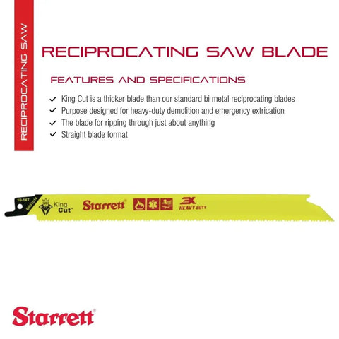 King Cut Bi-Metal Fire Rescue Demolition Reciprocating Saw Blade 9 Inch Length 3/4 Inch Width 0.50 Inch Thickness Straight Shape 10-14 TPI 2-Pack for heavy-duty cutting displayed.