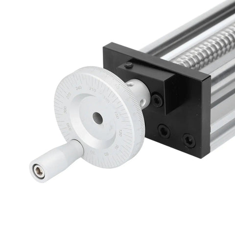 Heavy Duty Aluminum Alloy Linear Rail Slide With Crank Handle And 300 Mm Throw For Cnc Routers, focus on crank handle detail.
