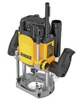 Robust 15 Amp Corded Plunge Router Equipped With Built In Led And Spindle Lock Delivers Badass Routing Power For Clean Edge Cleanup And Zero Hassle Micro Fine Height Adjustments, viewed from the side showing controls and base.