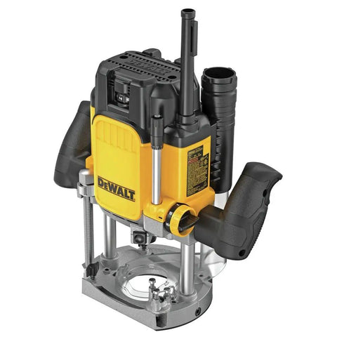 Robust 15 Amp Corded Plunge Router Equipped With Built In Led And Spindle Lock Delivers Badass Routing Power For Clean Edge Cleanup And Zero Hassle Micro Fine Height Adjustments, viewed from the side showing controls and base.