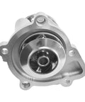 Heavy Duty Engine Water Pump for Jeep Compass and Patriot Keeps Your Motor Running Cool and Smooth on Long Drives Slick Direct Swap Replacement Part for Everyday Rigs close-up view of shiny metallic water pump with visible impeller.