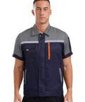 Men Long Sleeve Work Jacket With Reflective Stripes And Pockets Heavy Duty Auto Mechanic Uniform Shirt For Workshop And Job Sites Gray And Navy Contrast Front view with zipper and utility pockets.