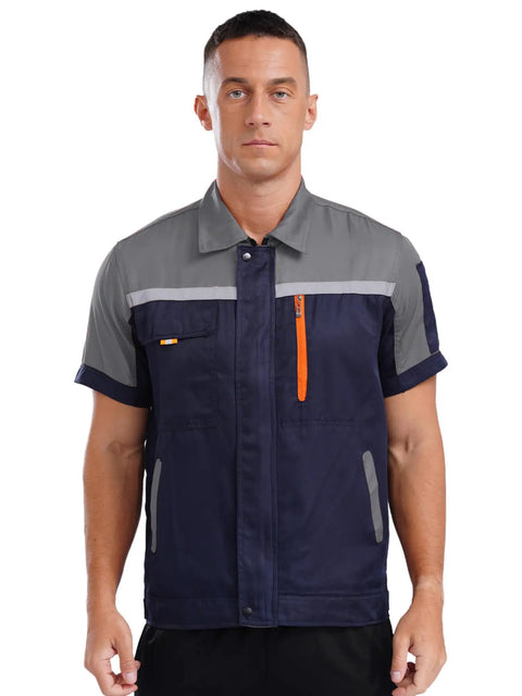 Men Long Sleeve Work Jacket With Reflective Stripes And Pockets Heavy Duty Auto Mechanic Uniform Shirt For Workshop And Job Sites Gray And Navy Contrast Front view with zipper and utility pockets.