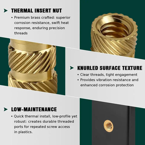 100 Pack Heavy Duty Heat Set Brass Threaded Inserts For 3D Printing And Plastic Prototyping showcasing knurled grip detail.