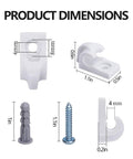 30 Pack Wall Mount Clip Brackets For Wire Shelving Ships Complete With Screws And Drywall Anchors Durable Plastic Hooks dimensions displayed