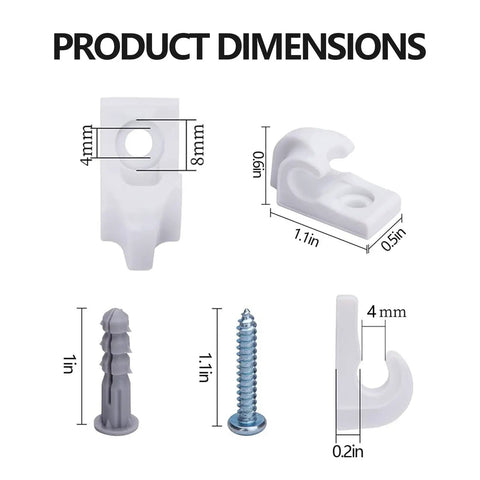 30 Pack Wall Mount Clip Brackets For Wire Shelving Ships Complete With Screws And Drywall Anchors Durable Plastic Hooks dimensions displayed