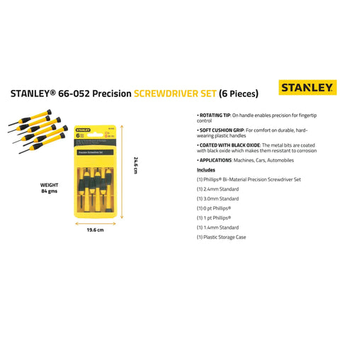 Six Piece Precision Screwdriver Set With Soft Grip Handles In Yellow For Quick Handy Home Repairs Includes Two Phillips And Four Slotted Drivers For Everyday DIY Projects, featuring six drivers in a plastic case with detailed labels.