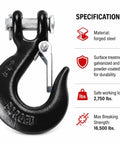 Forged steel hook with specifications, part of Beefed Up Heavy Duty Synthetic Winch Rope One Quarter Inch By Fifty Feet, 10,000 Lb Capacity