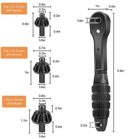 Sunny 3 In 1 Ratchet Drill Chuck Key Spanner Wrench With Magnetic Tip, showing sizes for 1.5-10mm and 3-16mm drill chucks.