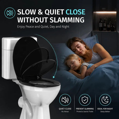 Smooth As Butter Black Round Toilet Seat Featuring Silent Soft Close Lids And Dead Simple Quick Release Mounts For Standard 16 Point 5 Inch Bowls Heavy Duty Molded Plastic Keeps Daily Use A Breeze All Year Long