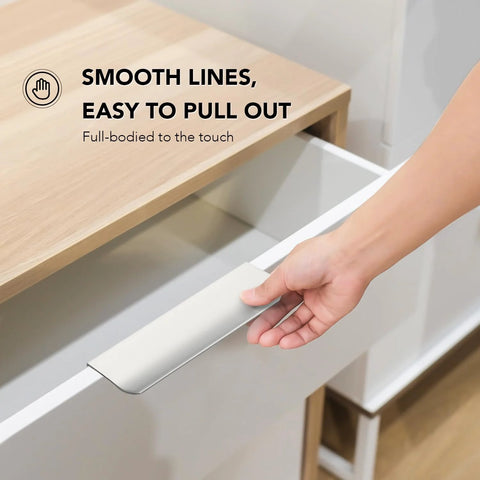 Person pulling on Six Pack Cabinet Handles Finger Edge Pulls 150mm Five Point Nine Inch Brushed Nickel Finish on a drawer
