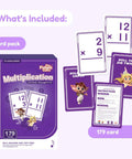 Fidget Game 179 Multiplication Flash Cards Set For Kids 0-12 Facts, box, cards with characters, instructions displayed.