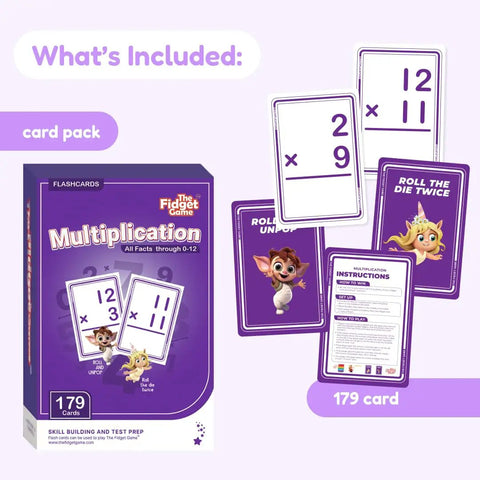 Fidget Game 179 Multiplication Flash Cards Set For Kids 0-12 Facts, box, cards with characters, instructions displayed.
