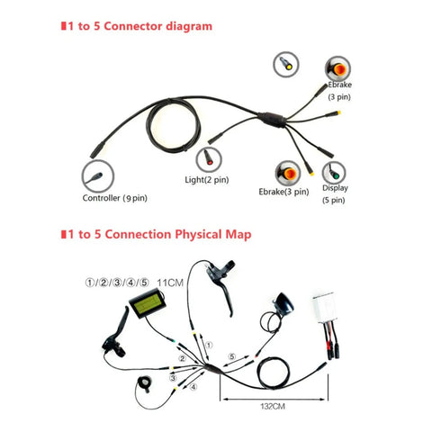 1 To 5 Electric Bike Wiring Harness With Controller Throttle Display Brake And Lamp Connectors For Easy Plug And Play All In One E Bike Conversion And KT ADE Lithium Battery Systems Works With Most Controllers